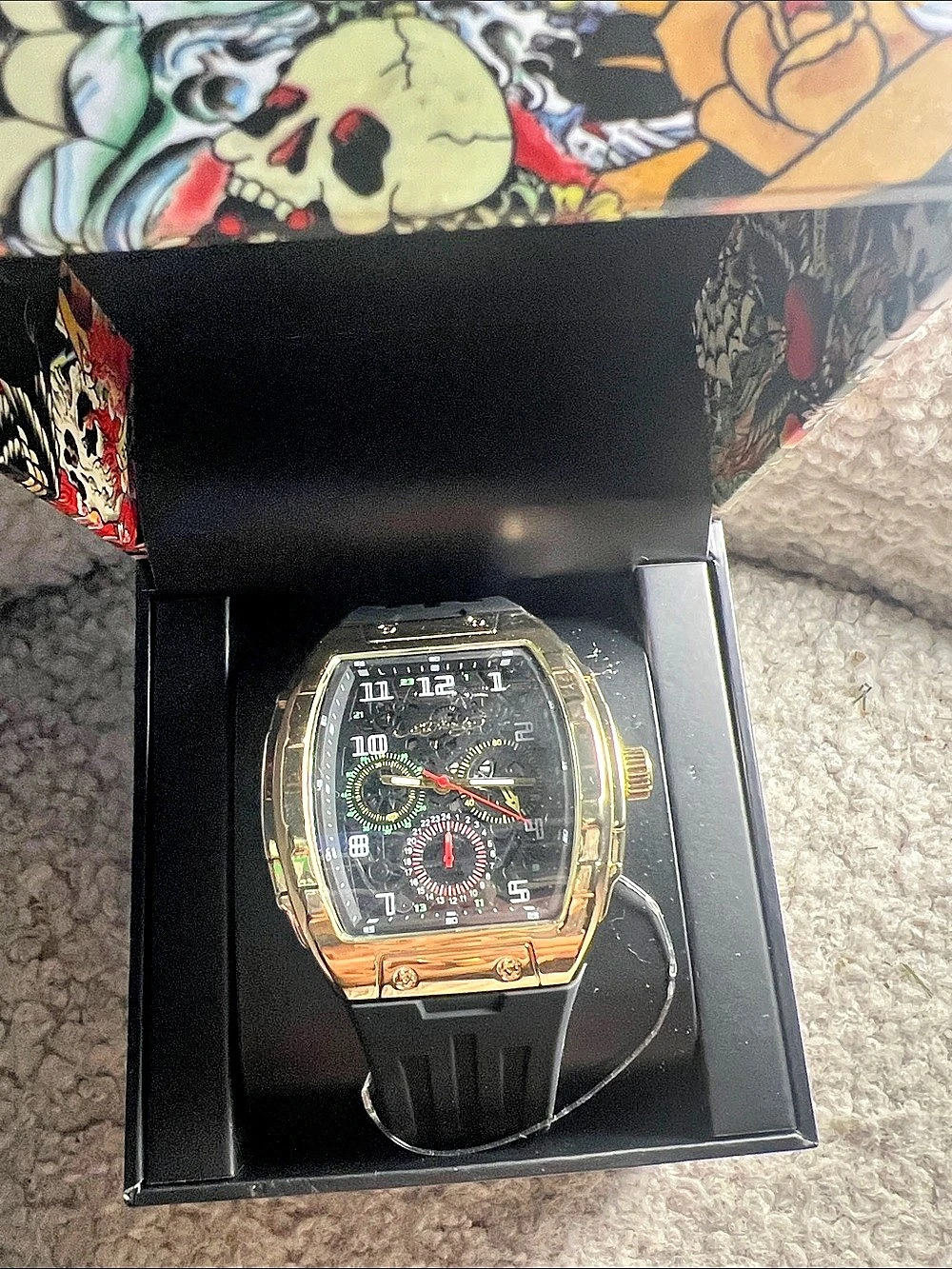 New Ed Hardy Black & Gold Watch Analog Skeleton NWB